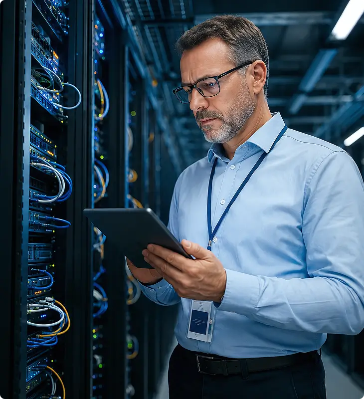 IT professional reviewing data in a server room
